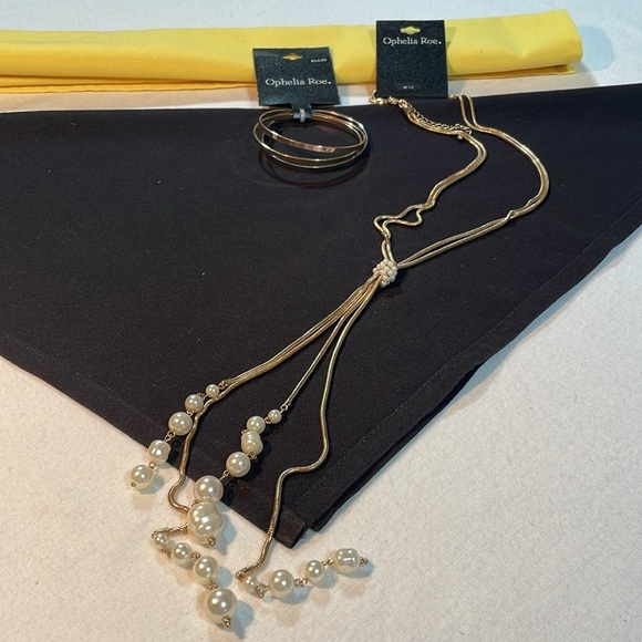 NWT Bundle of 2 Ophelia Roe Gold Pearl Necklace & 3 Bangle Bracelets - Picture 1 of 12
